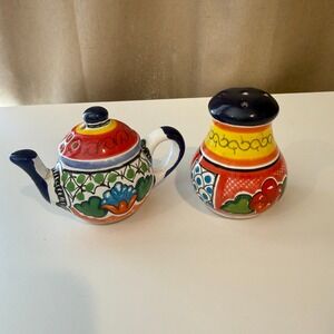 Talavera Salt and Pepper Shakers Set Hand Painted Teapot Mexico Folk